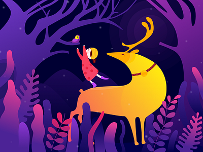 Girl And Deer deer forest girl night