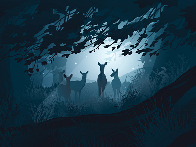 Watchers Of The Wood 2d deer forest illustration landscape moonlight scene vector