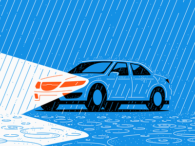 Driving in the rain blue brand car illustration lights natural disaster puddles rain splash storm wet