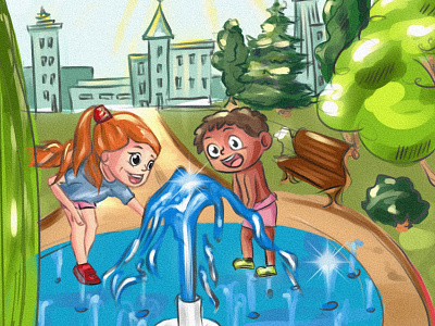 Splashing in the fountain / summer illustration