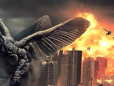 Winged Kaiju destroying a huge city - made with picso app
