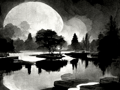 Black and white, lake and moon 2d design graphic design illustration