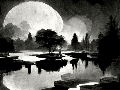 Black and white, lake and moon