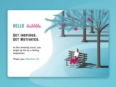 Hello Dribbble! bench card forest girl illustration landing page shadow sketch tree vector