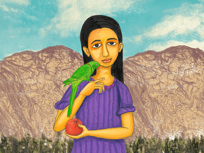 The girl with a parrot apple art digital illustration digitalart drawing editorial illustration india mountain parrot purple