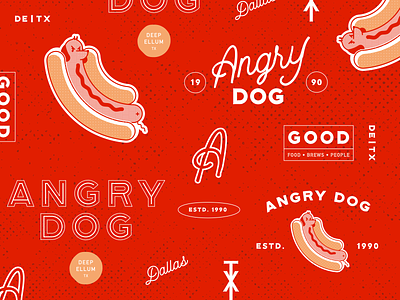 Angry Dog badge branding halftone hotdog illustration logo mascot pattern restaurant script