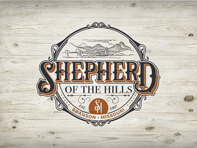 Shepherd of the Hills Logo Concept badge emblem filigree logo rustic vintage wood