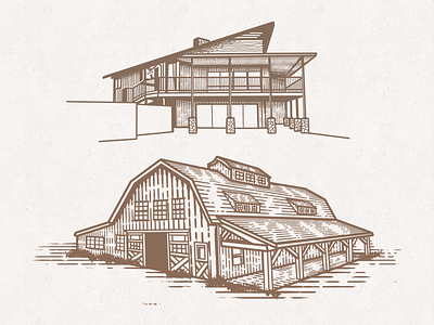 House & Barn Sketches barn etching farm illustration modern rustic vector
