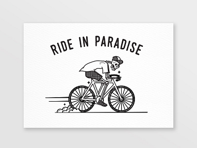 Ride in Paradise bike card illustration skeleton type