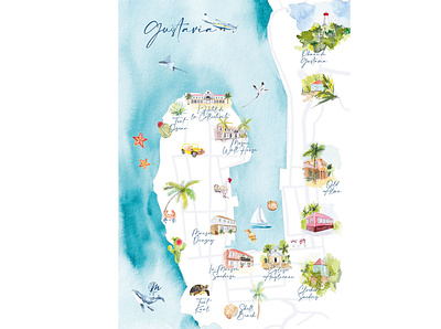 Saint Barth District Map : Gustavia // Illustration aquarelle art design drawing eshop illustration map painting saint barthelemy st barh watercolor watercolour
