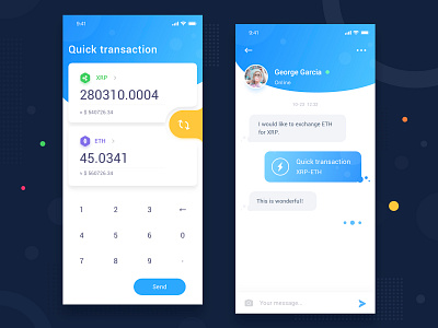 Quick transaction ui 区块链 应用 聊天，ui 蓝色 设计