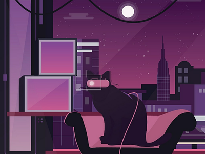 Cyberpunk Cat animal cat city landscape cyberpunk design graphic design illustration illustrator purple silhouette vectober vector