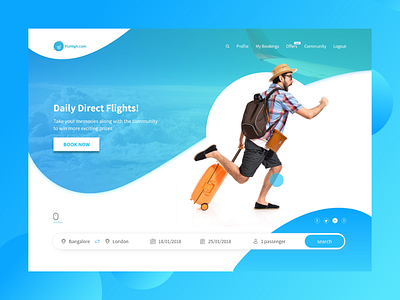 Flight Booking Landing Screen blue booking app flighhigh flight holidays location passenger search ui
