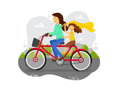 Mom And Girl: Cycling cycling daughter illustration landscape mom shapes vector