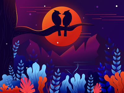 THE LOVE blue colors design illustration landscape leave love lovebirds moon nature night valentines day vector