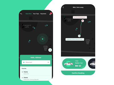 Taxi App- Black Theme Color Concept booking ux cab car clean clean ui clean ui colors concept design destination map navigation ride route taxi tracking typography