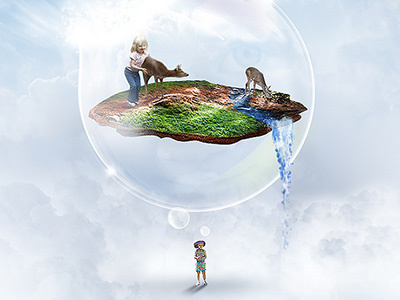 Imagination bubble child clouds deer sky waterfall