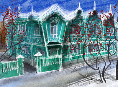 Belinskogo, 19 illustration winter wooden architecture wooden house