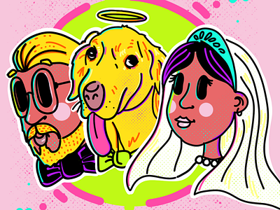 Wedding Day with Angel angel bride dog doodle groom illustration invitation neon pet wedding