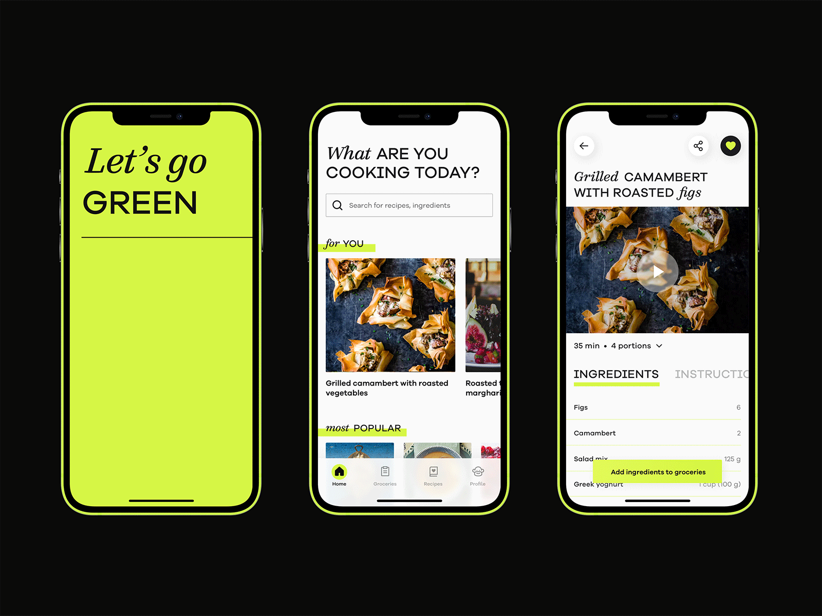 Vegetarian Recipe App - Concept concept cookbook cooking cooking app green iphone minimal mobile app neon neon colors recipe sans serif typography ui ui design vegetarian