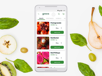 Green - Produce ordering and delivery app clean fruits green interaction motion organic produce shopping shopping app ui ux vegetables
