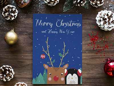 Merry Christmas card deer flat graphic design merry christmas new year new year card penguin vector