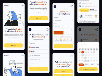 Phoenix App 2021 trends app branding clean creative design logo mobile app mobile screens mobile ui onboarding psychotherapy screens therapy app ui ui elements uidesign user flow ux ux flow