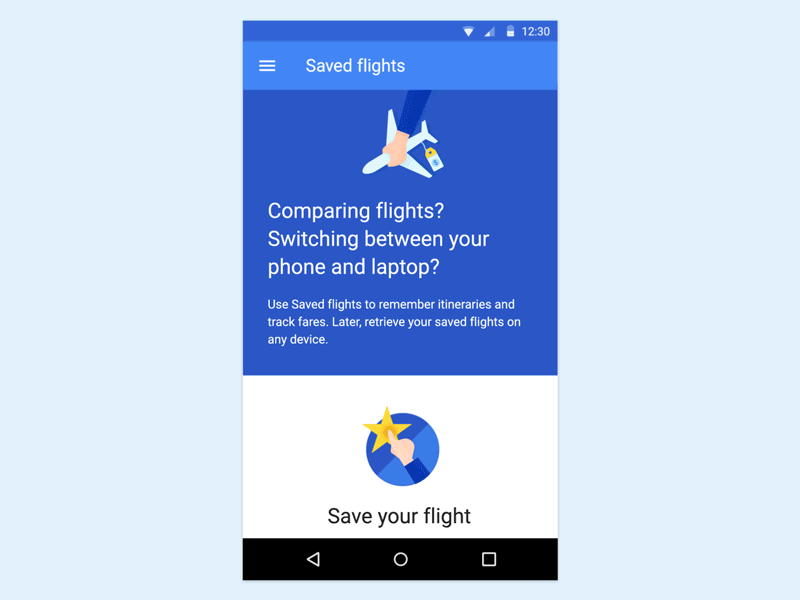 Saved flights android flight google google flights illustration material material design price save share
