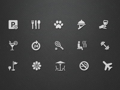 Hotel facilities icons (Vol.1) 24 hour front desk airport bar facilities fee required garden golf course hotel icon icons non parking pets allowed plane restaurant room service smoking terrace todytod