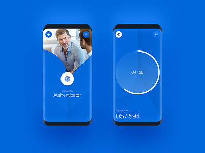 Transact Pro app authenticator blue fintech geometric pattern timer