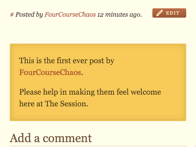 This is the first ever post by FourCourseChaos. Please help in making them feel welcome here at The Session.