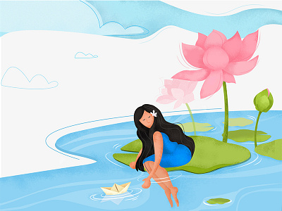 The Goodbye boat character girl illustration landscape lotus pond water waterlily woman