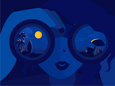 Worry less,Travel more! 2019 beach binocular blue dark flat illustration girl illustration illustration art illustrator travel traveling tree yellow