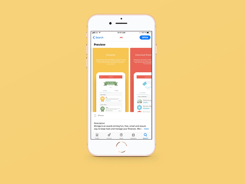 Meniga App Store animation app app store brand branding character clean design finance flat illustration ios meniga app minimal rewards typography ui ui ux ux vector