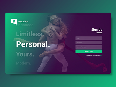 Music Box Landing Page Concept create account imagery landing page concept modern personal register responsive sign up ui ux user experience user interface