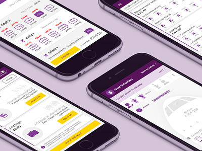 Monarch Airlines Mobile Booking Path airline booking ecommerce icons mobile mockup purple travel yellow