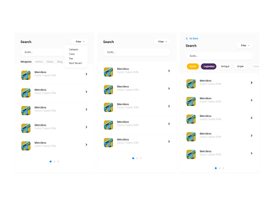 Destiny Meta Search Iterations adobexd destiny destiny 2 dribbble dropdown exotic weapons google material design iterations loot lootershooter material design quickfilters search ui.