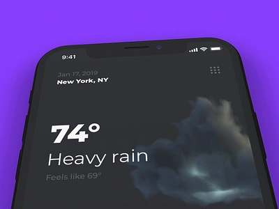 Exploration / Weather App after affects animation app cinema 4d clouds concept dark dark app dark ui design epam ios rain sun thunderstorm weather