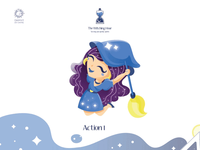 The Witching Hour - Winnie the Witch Actions actions actionsheet art artpreneurprogram brand branddesign brandidentity branding brandmascot design digitalart digitaldrawing graphic design mascot