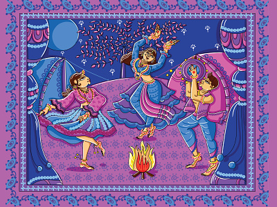 Gypsies Dancing in the Moonlight art artpreneurprogram dancing digitalart digitaldrawing folk art gypsies gypsy illustration indian art indian folk art orissapattachitra pattachitra
