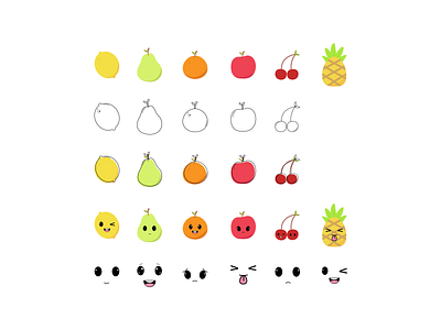 Set of fruits and emotions adobe illustrator colour design eat flat food fruits graphic design icon juicy natural organic set stroke symbol vector vegetarian vitamin