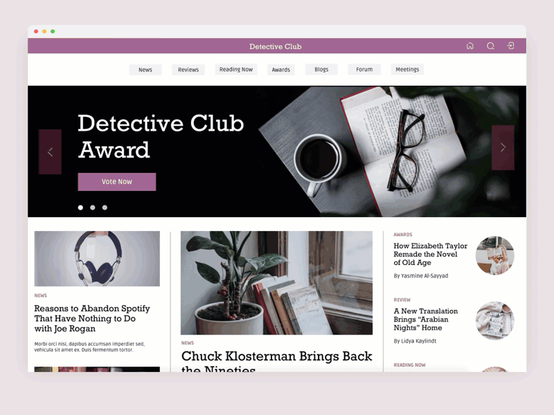 Detective Club main page overview design ui web