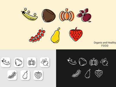 Line icons beetroot berry currant food fruits hazelnut healthy illustration line icons organic outline pea pear pumpkin set strawberry vector vegetables vegetarian