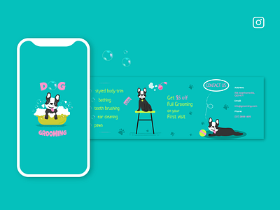 Instagram carousel advertising bath carousel design dog grooming illustrator marketing media mobile post smartphone social template vector