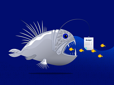 blog post illustration blog budget calculation cost dangers digital marketing fish fishing funny illustration marketing risk management risks vector