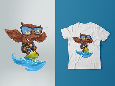 Summer Vibes funny illustration owl summer surf board surfing