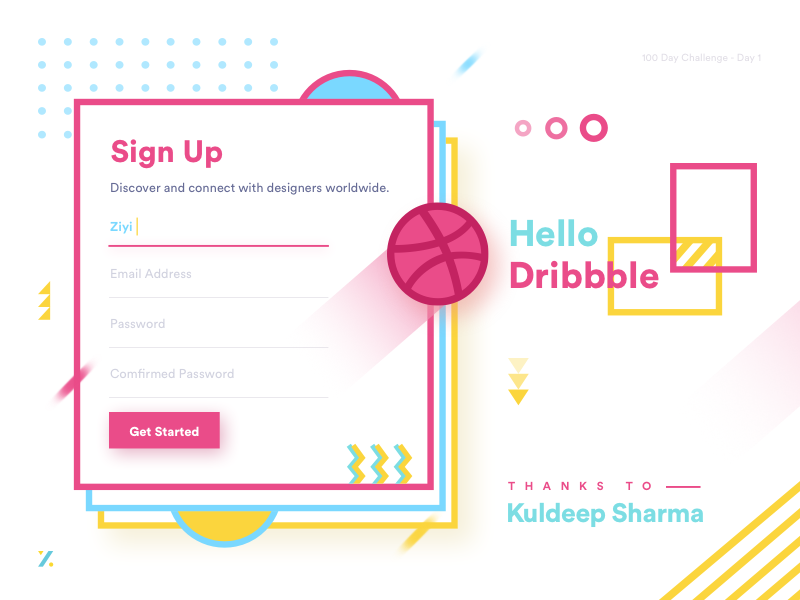 Hello Dribbble - 100Day Challenge card design frame colorful invites memphis sign up page hello dribbble