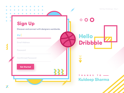 Hello Dribbble - 100Day Challenge card design colorful frame hello dribbble invites memphis sign up page