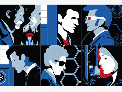 Evolution of The Doctor blue character design doctor who illustration people people illustration profiles sci fi silhouette space tardis time machine tv show vector
