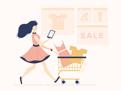 Online shopping illustration character e commerce girl illustration online shopping store vector